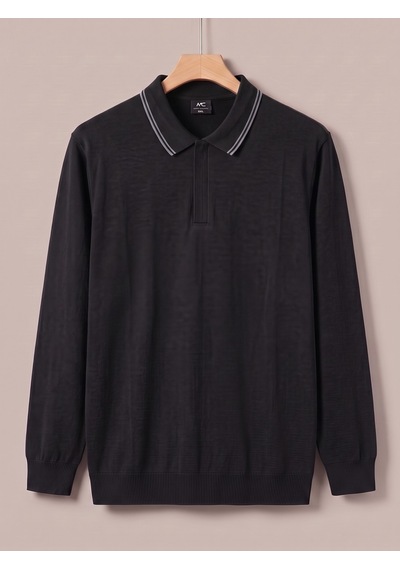 Maccali Erkek Siyah Büyük Beden Gizli Fermuarlı Polo Yaka Triko Sweatshirt