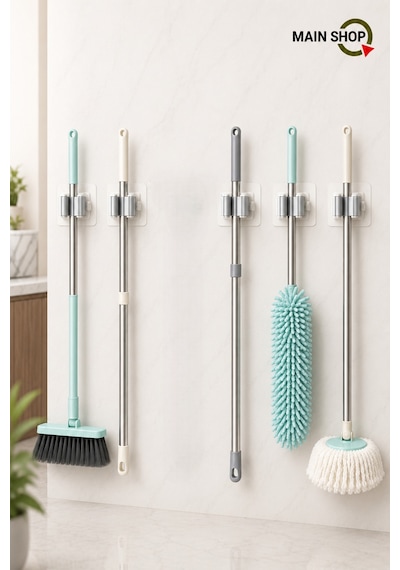 Mainshop 6 Adet Duvar Mop Süpürge Askı Aparatı - Yapışkanlı Delmesiz Paspas Tutucu M-310 Beyaz