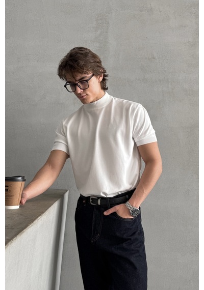 Erkek Oversize Yarım Balıkçı Triko T-shirt Beyaz