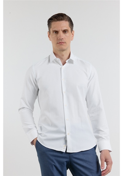 İmza Beyaz Kendinden Desenli Sert Yaka Uzun Kol Cepsiz Slim Fit Pamuklu Gömlek 1004255283
