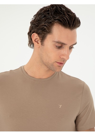 Vizon Slim Fit Bisiklet Yaka Merserize Basic T-shirt Kahverengi