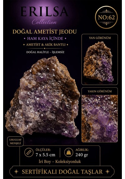 Sertifikalı Doğal Ametist Jeodu Kristal Kuvars Akik Bantlı Ham Ka