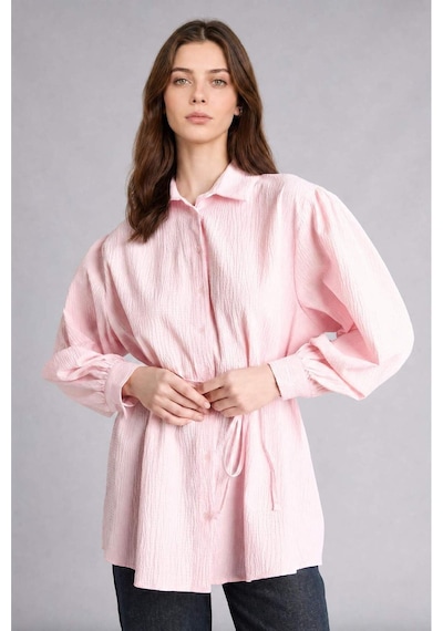 Defacto Relax Fıt Kırışık Dokulu Kumaş Uzun Kollu Açık Pembe Tunik H7714ax26hspn645 Pembe-pn645