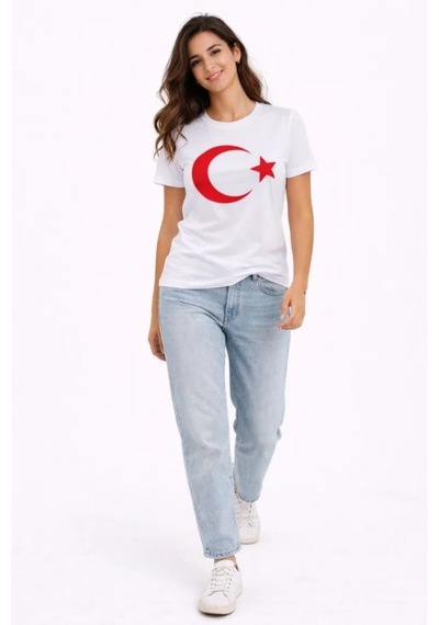 Butik İstanbul T-shirt Kısa Kol Bisiklet Yaka Ay Yıldız Bayrak Baskılı Tişört - Beyaz