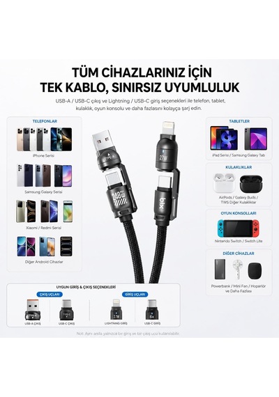 Bix 5ın1c-bk 1.5 Metre Siyah 240w Usb-a Ve Type C Ve Lightning Çok Fonksiyonlu Yüksek Hızlı Şarj Ve Data Kablosu, Çok Uçlu Şarj Kablosu Tüm Type C/lightning Telefon Ve Tabletlerle Uyumludur