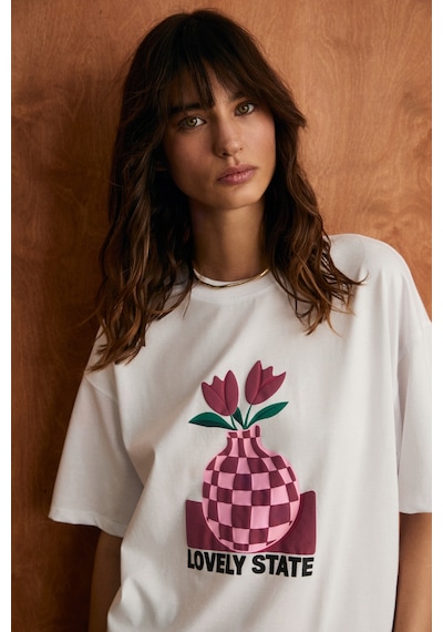 Grimelange Sprıne Kadın Yumuşak Kumaşlı %100 Pamuklu Baskılı Regular Beyaz T-shirt