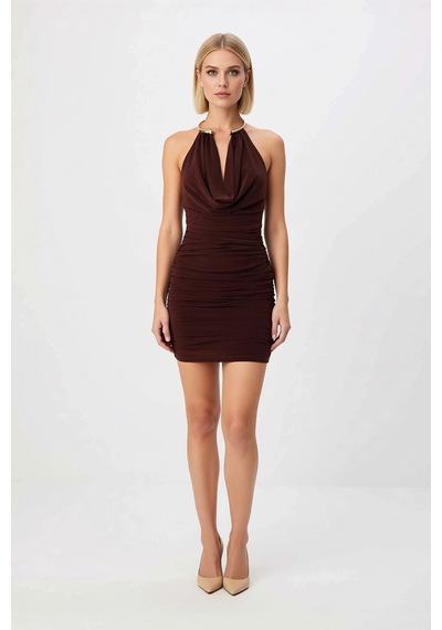 Benerly Kadın Kolsuz Degaje Yaka Bodycon Mini Elbise Ruching Detaylı Örme Kahverengi