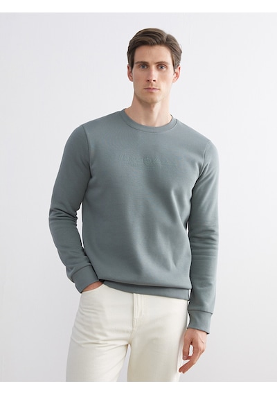 Lcwaıkıkı Classic Yeşil Standart Kalıp Bisiklet Yaka Baskılı Erkek Kalın Sweatshirt