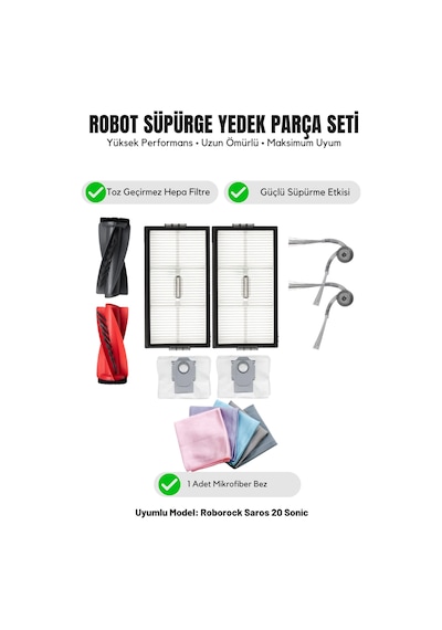 Roborock Saros 20 Sonic İle Uyumlu 1 Ana Fırça 2 Yan Fırça 2 Filtre 2 Toz Torbası 1 Temizlik Bezi 15.0