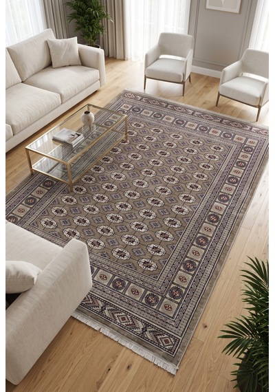 Asya Etnik Desenli Saçaklı Salon Oturma Odası Halısı 70174-65 Bej