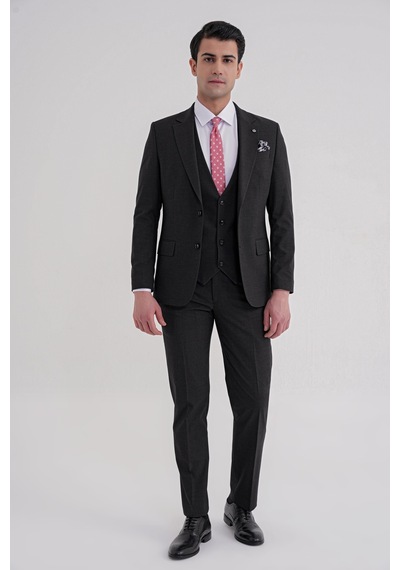 Efor Slim Fit Çift Yırtmaç Ekoseli Esnek Yünlü Yelekli Klasik Siyah Takım Elbise Tk 934 Siyah Efor Slim Fit Çift Yırtmaç Ekoseli Esnek Yünlü Yelekli Klasik Siyah Takım Elbise Tk 934 Siyah