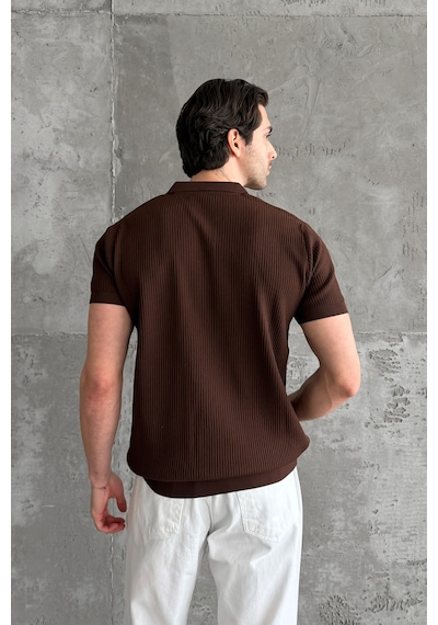 Erkek Petek Desen Polo Yaka Triko T-shirt Kahverengi