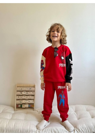 Jolly Kids Erkek Çocuk Karakter Baskılı Blok Renkli Sweatshirt Takım Kırmızı
