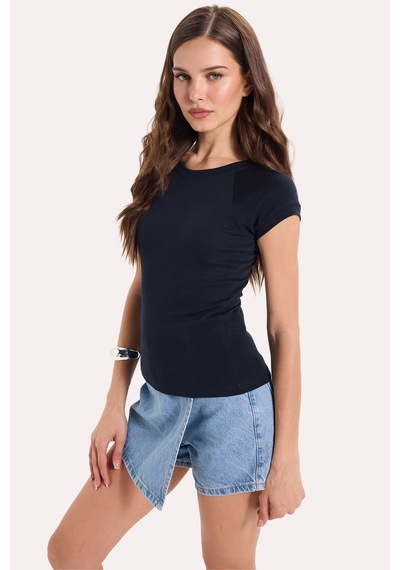 Tudors Kadın Slim Fit Dar Kesim Bisiklet Yaka Reglan Kol %100 Pamuk Lacivert Tişört Bluz-51069