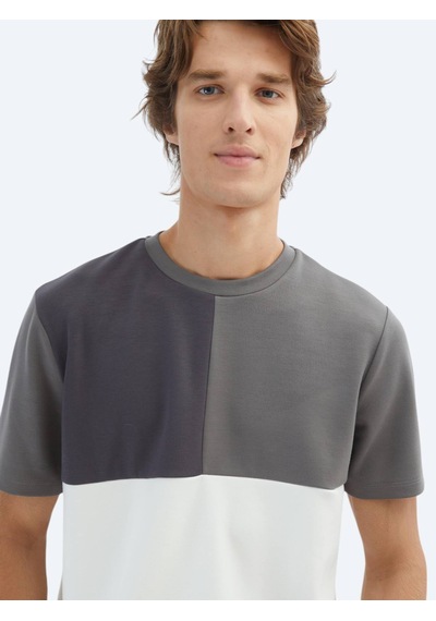 Kip Gri Düz Bisiklet Yaka T-shirt Gri