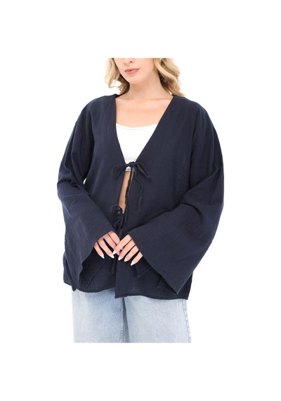 Blayn Jeans Blayn Kadın Keten Kimono Oversize Rahat Kalıp Yazlık Uzun Kollu Kimono Lacivert