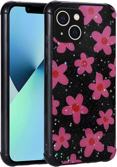 Noktaks - İphone 13 Uyumlu Kılıf Simli Desenli Kamera Korumalı Parlak Popy Kapak - Çiçek - T23639