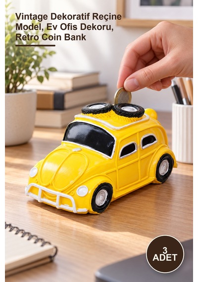 3 Adet Nostaljik Araba Tasarımlı Biblo Kumbara Vintage Dekoratif Reçine Model, Ev Ofis Dekoru, Retro Coin Bank 1