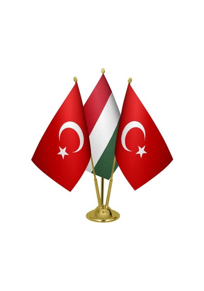 Masa Üstü Macaristan Bayrağı Türk Bayrağı Üçlü Pirinç Direk Masa