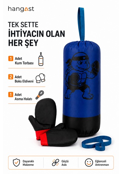 Çocuk Boks Seti Panda Desenli Asılabilir Boks Torbası Eldivenli Mavi