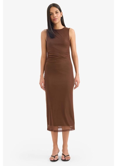 Defacto Bodycon Vücudu Saran Yuvarlak Yaka Tül Kolsuz Midi Elbise D8036ax25aubn320 Kahve