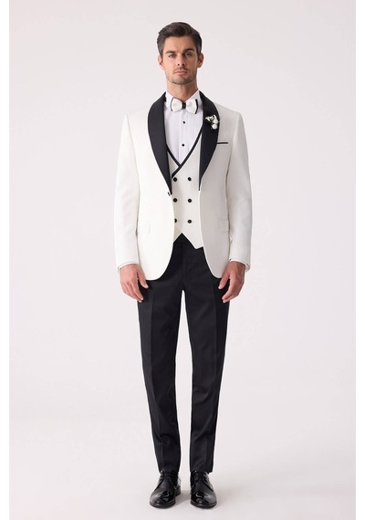Ysf Erkek Krem Slim Fit Şal Yaka Damatlık