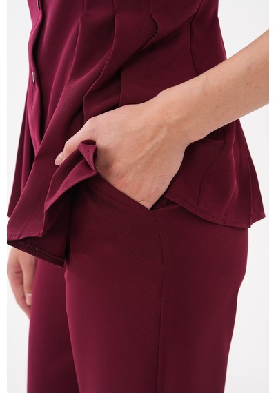 Diemmood Kadın Pilise Detaylı Bordo Yelek Pantolon Takım