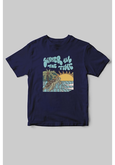 Yaz Zamanı Summer Time Caretta Caretta Deniz Kum Güneş Baskılı Regular Fit %100 Pamuk T-shirt Lacivert
