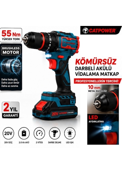 Catpower 1050 Kömürsüz Darbeli Şarjlı Matkap Vidalama 20v 2.0ah 55 Nm Brushless Çift Akülü 70 Parça Set
