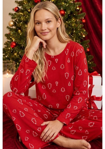 Siyah İnci Yılbaşı Temalı Desenli Termal Kumaşlı Ultra Soft Yumuşak Örme Pijama Takımı 26226315 Kırmızı
