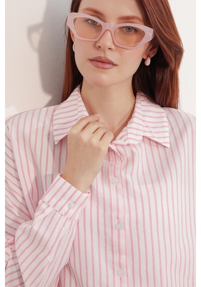 Bigdart Kadın Oversize Çizgili Gömlek 20412 - Pembe
