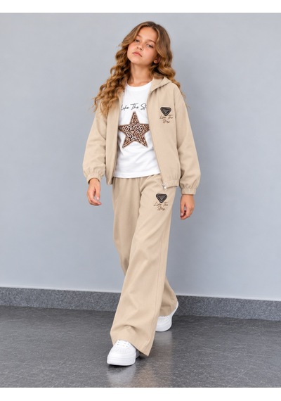 Kokoş Bebe Kız Çocuk Dokuma Viskon 3'lü Takım Leopar Yıldız Detaylı Kapüşonlu Ceket Tişört Bol Paça Pantolon - 5/13 Yaş - 31984 Krem Kokoş Bebe Kız Çocuk Dokuma Viskon 3'lü Takım Leopar Yıldız Detaylı Kapüşonlu Ceket Tişört Bol Paça Pantolon - 5/13 Yaş - 31984 Krem
