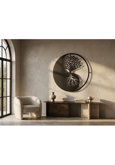 Modern Metal Yin Yang Hayat Ağacı Duvar Tablosu Yuvarlak Salon Ofis Duvar Dekoru
