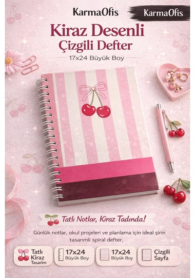 4'lü Spiralli Çizgili Defter Seti 17x24 120 Yp Kurdele, Kiraz Ve Puantiyeli Tasarım