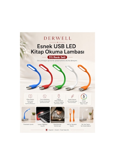 5 Li Set Renkli Usb Led Kitap Okuma Lambası Taşınabilir Mini Masa Üstü Gece Lambası Laptop Bilgisayar Uyumlu Bükülebilir Göz Yormayan Aydınlatma Işığı Şarjlı Powerbank Uyumlu Pratik Kitap Okuma Işığı