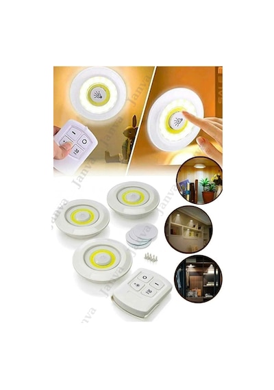 Uzaktan Kumandalı 3 Lü Spot Led Lamba Kablosuz Pilli Işıldak Dolap Işığı Mutfak Rafı Işığı Beyaz