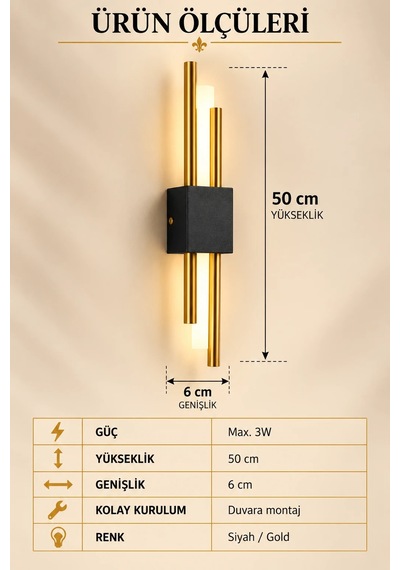 Premıum Modern Siyah Gold Çift Borulu Led Aplik 3w Dekoratif Duvar Aydınlatması 50 Cm