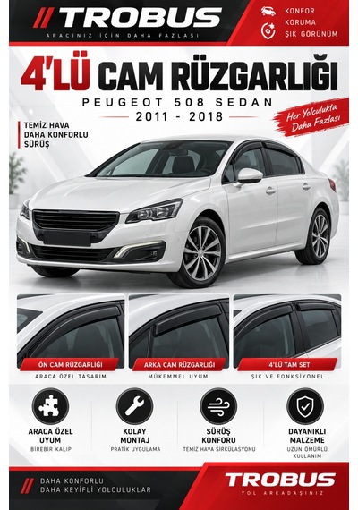 Peugeot 508 Access Allure Sedan 1.6 E-hdi / 1.5 Bluehdi 2011-2018 Mügen Cam Rüzgarlığı 4'lü