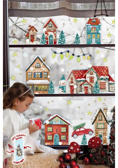 Çift Taraflı Baskılı Yılbaşı Karlı Şehir Yeni Yıl Çocuk Bebek Odası Sticker Seti, Çift Yönlü Yılbaşı Dijital Baskı