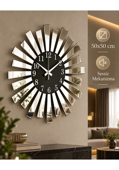 AA Shop Aynalı Pleksi Piyano Model Sayılı Ev Duvar Saati Gümüş - Siyah