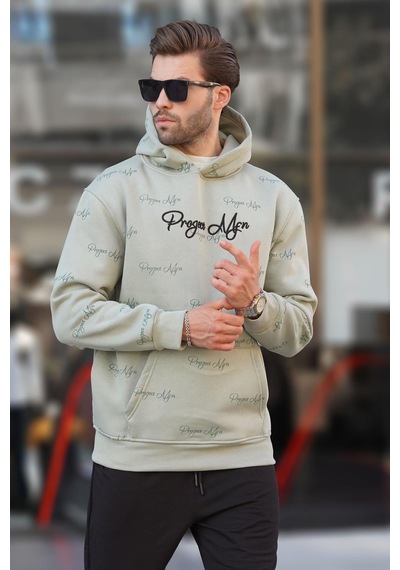 Madmext Çağla Yeşili Baskılı Kapşonlu Cep Detaylı Erkek Sweatshirt 7075 Yeşil
