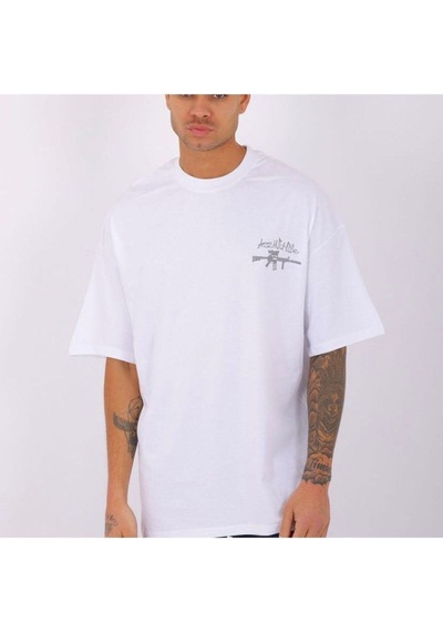 Flood Of Style Erkek Beyaz Assavlt Lıfe Baskılı Oversize Bisiklet Yaka Tshirt