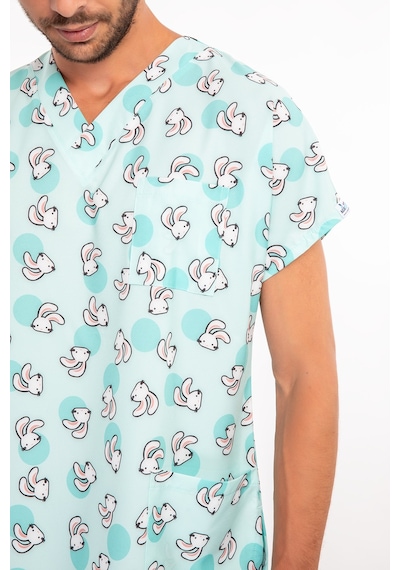 Sevimli Tavşan Temalı Unisex Likralı Hemşire Forması Takımı Scrubs Açık Mavi