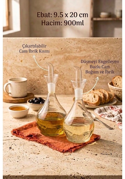 Atbyhome 2'li Borosilikat Cam Yağlık Sirkelik Seti 900 Ml - Akıtmayan Cam İbrikli Yağdanlık Şeffaf