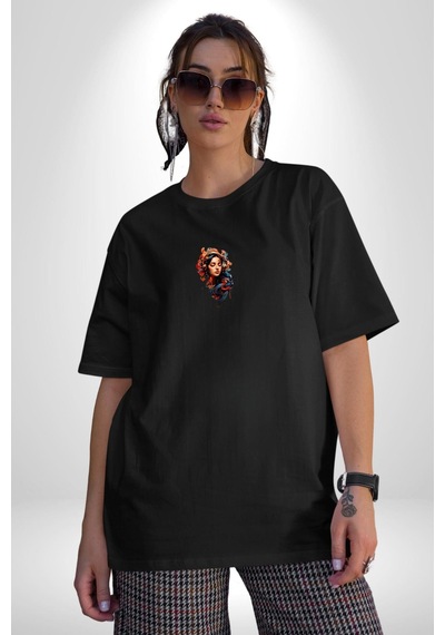 Müzik Dinleyen Kulaklık Yaprak Saçlı Renkli Siyah Oversize Unisex Ön Orta Minimal Baskılı Tişört Siyah
