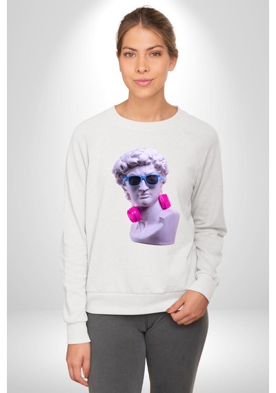 Kulaklık Gözlük Pop Art Heykel Unisex Beyaz Sweatshirt Beyaz