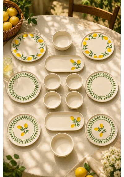 Yeşil Limon 14 Parça 6 Kişilik Handmade Stackable Seramik Tabak Seti Premium Sunum & Kahvaltı Takımı Beyaz
