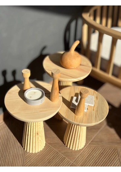 Wood Wooden Mantar Sehpa 3'lü Set Üçlü Set