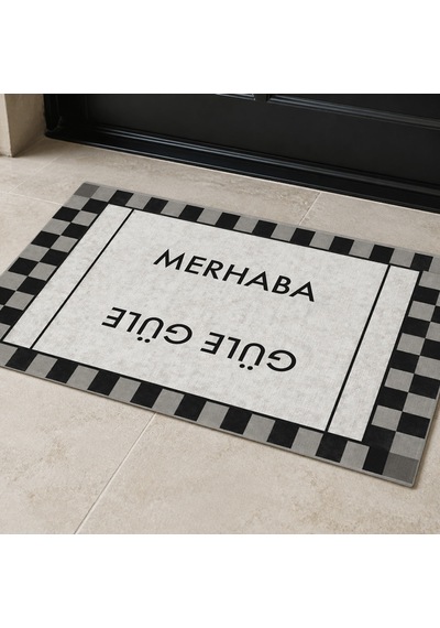 Kartela Halı Merhaba Güle Güle Damalı Kapı Paspası Siyah Beyaz Kaymaz Kauçuk Taban 50x75 Cm