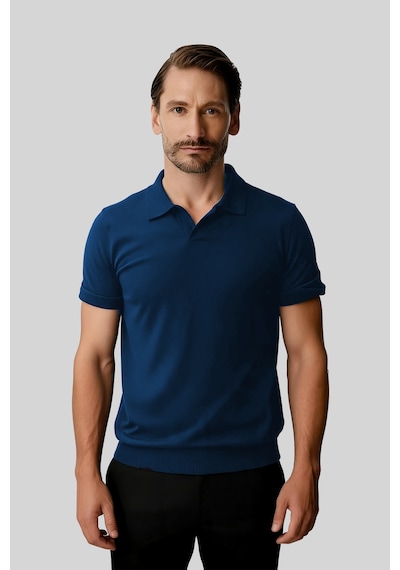 İgs Erkek Saks Slim Fit Dar Kalıp Polo Yaka Düz Kısa Kollu Triko Tişört-25990 Mavi